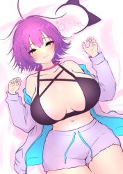 1girls bed_sheet belly_button breasts cat_ears_hairband clothed clothing female female_only green_eyes hairband hairband_removed huge_breasts kuroa_neki light-skinned_female light_skin niu_family_(niuふぁみりー) on_bed ooooalikui pink_bed_sheet purple_hair solo virtual_youtuber