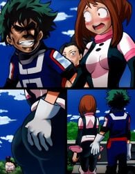 1girls 2boys ahe_gao all_might_face animated ass_grab background_character background_characters behind_view big_ass blush blushing comic embarrassed gif grabbing_ass grabbing_from_behind hero_outfit_(mha) izuku_midoriya looking_at_partner midoriya_izuku minoru_mineta momo_yaoyorozu my_hero_academia nipples_visible_through_clothing ochako_uraraka sex suprised suprised_look ysae