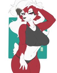 anthro armpits azucana big_breasts breasts canid canine female generation_7_pokemon hair lycanroc mammal midnight_lycanroc nintendo pokemon pokemon_(species) red_body red_fur smile solo werewolf white_body white_fur white_hair