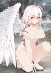 absurdres ahoge blush braid breast_hold breasts collarbone covering_breasts covering_privates earth_(planet) feathered_wings female fingernails french_braid groin hair_between_eyes highres kishin_sagume large_breasts looking_at_viewer medium_breasts mikoma_sanagi navel non-web_source nude on_one_knee orange_hair parted_lips planet sagume_kishin scan silver_hair single_wing solo space star_(sky) stomach touhou white_footwear white_wings wings