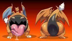 absurd_res anthro ass belly belly_mouth big_belly big_butt black_body bodily_fluids brady(sleepy_brady) charizard dragon dusknoir front_view generation_1_pokemon generation_4_pokemon hi_res huge_belly huge_tongue hybrid jiggling_butt male multicolored_body mythological_creature mythological_scalie mythology nintendo orange_body orange_wings pokemon pokemon_(species) rear_view saliva saliva_on_tongue satsui-n0-had0u scalie smile smiling_at_viewer smirk smirking_at_viewer solo two_tone_body wings