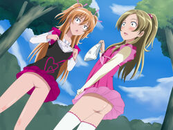 2girls ass blue_eyes blush bottomless brown_hair censored clothing clown_(artist) female green_eyes houjou_hibiki long_hair minamino_kanade multiple_girls open_mouth orange_hair outdoors panties precure pretty_cure pussy skirt stockings suite_precure underwear