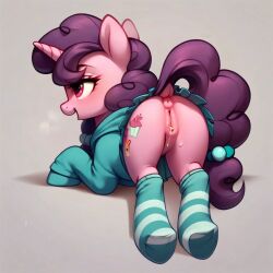 1girls ai_generated anus cutie_mark dock equid equine feral feral_only friendship_is_magic hasbro mammal my_little_pony open_mouth open_smile purple_hair purple_tail pussy smile stockings sugar_belle_(mlp) tail unicorn