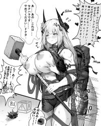 1boy 1girls arknights black_and_white blush breasts doctor_(arknights) embarrassed female groping groping_breasts groping_from_behind hammer horns huge_breasts inverted_nipples japanese_text large_breasts male mudrock_(arknights) panties sexual_harassment sweat thrusting weapon 桃耳/ももみみ