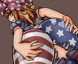 2girls american_flag_legwear american_flag_shirt big_butt bow bowtie brown_eyes brown_hair butt clownpiece d-kureta face_in_butt hands_on_butt hat huge_butt jester_cap kishin_sagume large_butt looking_back mature_female multiple_girls oerba_yun_fang older_female older_woman_and_teenage_girl open_mouth sagume_kishin silver_hair sitting sitting_on_face sitting_on_person source_request teenager thick_thighs thighs touhou wide_hips younger_dom_older_sub younger_female yuri