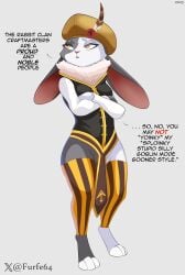 2025 absolute_territory absurd_res amber_eyes anthro armello ass belt big_butt breasts cel_shading clothing collared_shirt crossed_arms dialogue dress_shirt elyssia_(armello) eyebrows female furfe hat haughty_look headgear headwear hi_res humanoid lagomorph league_of_geeks legwear leporid long_ears looking_aside mammal pattern_clothing rabbit raised_eyebrow shaded shirt small_breasts solo standing striped_clothing stripes text thigh_highs thigh_window thong topwear translucent translucent_clothing underwear vest wide_hips