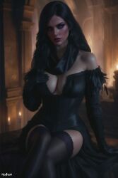 ai_generated black_hair breasts clothing female feminine light-skinned_female madhaam purple_eyes solo the_witcher_(series) the_witcher_3:_wild_hunt witch yennefer