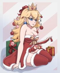 1futa blonde_hair blue_eyes breasts christmas cleavage clothed clothing dick dickgirl erection full_body futa_only futanari hornyfex human light-skinned_futanari light_skin long_hair mario_(series) mostly_clothed penis princess_peach self_upload simple_background sitting solo testicles yokozuwari