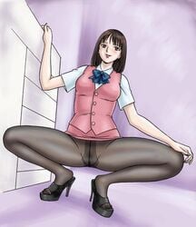 blush brown_eyes brown_hair high_heels no_panties office_lady original pantyhose pubic_hair pussy shoes spread_legs uncensored uniform uraharukon