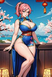 ai_generated blue_eyes chinese_new_year cleavage huge_breasts pink_hair qipao yodayo