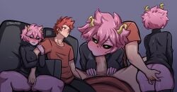 1boy 1girls absurdres ashido_mina ass ass_grab black_sclera blowjob blush boku_no_hero_academia breasts colored_skin eijirou_kirishima fellatio female fingering fingering_partner fingering_pussy giving_head highres horns kirishima_eijirou male male/female mina_ashido movie_theater my_hero_academia nipples oral penis_in_mouth pink_body pink_hair pink_skin red_hair short_hair simple_background sitting straight sucking_penis taku34128