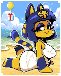 1girls animal_crossing ankha beach blue_eyes blue_hair cat_ears cat_tail catgirl curvy legendofnerd medium_hair solo thighs wide_hips yellow_body yellow_fur