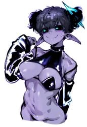 1boy big_breasts black_sclera buns docu_(doppel) doppel femboy male_breasts pointy_ears purple_skin stripper_clothes sweatdrop