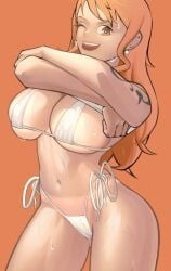 1girls bare_arms bare_legs bare_shoulders bare_thighs big_breasts bikini bikini_bottom bikini_top biting_tongue clothed clothing color female female_focus female_only hi_res large_breasts light-skinned_female light_skin long_hair looking_at_viewer nami nami_(one_piece) one_piece orange_eyes orange_hair post-timeskip shounen_jump solo solo_female tagme tattoo thick_thighs tongue tongue_out undressing wet zukululuu