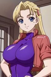 1girls ai_generated beauty_mark big_breasts blonde_hair female female_only history's_strongest_disciple_kenichi miu miu_furinji shijou_saikyou_no_deshi_ken'ichi smile solo unitard unknown_artist