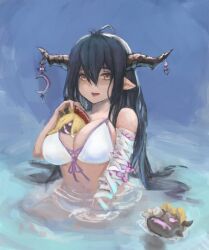 1girls antenna_hair bandages bare_shoulders beach bikini black_hair breasts cleavage crescent danua danua_(summer)_(granblue_fantasy) draph female gnai granblue_fantasy gretel_(granblue_fantasy) hair_between_eyes hansel_(granblue_fantasy) horn_ornament horns large_breasts long_hair partially_submerged pointy_ears red_eyes striped_bikini striped_clothes swimsuit white_bikini