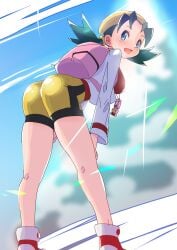 ass asymmetrical_hair bag bent_over blue_eyes blush breasts creatures_(company) dat_ass female game_freak gen_2_pokemon green_hair gym_leader highres kris_(pokemon) large_ass legs looking_at_viewer masamu_(leonore69) nintendo orange_hair pokemon pokemon_(anime) pokemon_(classic_anime) pokemon_gsc ponytail shirt short_hair short_shorts shorts sportswear spread_legs thick_thighs thighs twintails