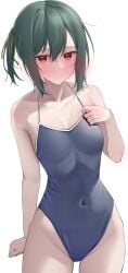 1girls bare_arms bare_shoulders bare_thighs blush collarbone female female_focus female_only green_hair hair_between_eyes kawai_ritsu_(rits_meg) light_skin looking_at_viewer love_live! medium_breasts mifune_shioriko red_eyes short_hair simple_background slender_body slender_waist slim_girl slim_waist solo standing straight_hair swimsuit thin_waist v-line white_background