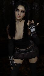 1female 1girls alternate_color alternate_hairstyle black_eyeshadow black_hair blue_eyes choker clothing female final_fantasy final_fantasy_xiii goth goth_girl lip_piercing long_hair looking_at_viewer makeup makeup_running oerba_yun_fang_(ff_xiii) piercing skirt slight_smile smile tank_top tattoo tattooed_arm