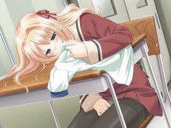 1girls blonde_hair blue_eyes chair desk fuguriya game_cg hair_ribbon kani_biimu long_hair masturbation masturbation_through_clothing matsubara_yuuna panties pantyhose red_shirt red_skirt sailor_collar school_uniform shirt sitting_on_chair skirt smelling sono_hanabira_ni_kuchizuke_wo white_panties white_shirt