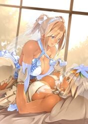 2girls bed blonde_hair blue_eyes breasts bridal_veil bride cross_earrings dress earrings elbow_gloves gloves hair_flower holding_hands implied_futanari large_breasts muscular_female on_bed original pillow ponytail sela_(sela_god) sela_god short_hair ursula_(sela_god) veil wedding_dress white_dress wife_and_wife window yuri