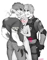 2d 2d_(artwork) 2d_artwork 2male 2males angry angry_expression angry_eyes angry_face arm_hair bite bite_mark bite_mark_on_neck black_fingerless_gloves black_shirt black_t-shirt blush blush_lines blushing blushing_profusely bulletproof_vest clawed_fingers claws cop_uniform eddie_brock elbow_pads english english_language english_text facial_hair fingerless_gloves grayscale gun_holster jeans leon_scott_kennedy long_tongue marvel nervous pants pink_text police police_uniform resident_evil resident_evil_2 resident_evil_2_remake sabbasarts sharp_teeth short_hair stubble sugestive_pose sweat sweatdrop sweating sweaty sweaty_body t-shirt t_shirt tagme tattoo tattoo_on_arm tattooed_arm tattoos threat threatening threatening_with_weapon tshirt uncolored venom_(marvel) y/n y/n_(your_name) yn