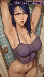 1girls 2025 ai_generated arcane arcane_caitlyn armpits arms_up artist_name bathroom blue_hair breasts breasts breasts bust caitlyn_kiramman chest covered_nipples electroworld female female_pubic_hair hi_res high_quality high_resolution highres league_of_legends navel patreon patreon_username pubic_hair riot_games solo stable_diffusion tile_floor tile_wall tiles toilet watermark wet