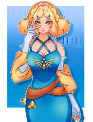 1girls blonde_hair blue_dress breasts breath_of_the_wild cresscin dress elbow_gloves elegant_dress fingerless_gloves gloves green_eyes hairclip large_breasts looking_at_viewer nintendo princess_zelda short_hair tears_of_the_kingdom the_legend_of_zelda triforce zelda_(tears_of_the_kingdom)