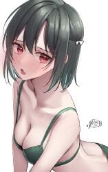 1girls bare_arms bare_back bare_midriff bare_shoulders black_hair blush bra breasts cleavage clothing collarbone female female_focus female_only green_bra green_panties green_underwear hair_between_eyes hair_ribbon kawai_ritsu_(rits_meg) leaning_forward light_skin looking_at_viewer love_live! matching_underwear medium_breasts mifune_shioriko open_mouth panties red_eyes short_hair sideboob simple_background slender_body slender_waist slim_girl slim_waist standing thin_waist white_background