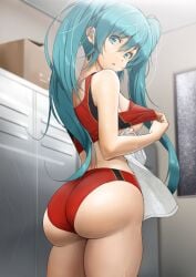 1girls ass blue_eyes blue_hair breasts buruma drying_off furuyama_itaru hatsune_miku holding_towel locker_room looking_at_viewer medium_breasts red_buruma red_sports_bra sports_bra towel twintails vocaloid