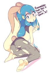 1girls alternate_version_available artist_name blue_eyes blue_hair bubble_butt clothed clothing cosplay dawn_(pokemon) diives english_text female game_freak kneeling leggings long_blue_hair long_hair looking_back_at_viewer lopunny lopunny_(cosplay) mega_lopunny mega_lopunny_(cosplay) nintendo offscreen_character partially_nude patreon pokemon pokemon_(cosplay) pokemon_(species) pokemon_dppt small_breasts solo solo_female talking_to_viewer text thick_thighs tights torn_clothes white_background