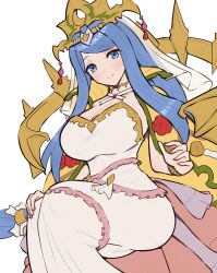 1girls absurdres ass ass_in_dress big_ass blue_eyes blue_hair breasts cleavage crown dress female female_only fire_emblem fire_emblem_engage gonzarez highres large_breasts long_hair looking_at_viewer lumera_(fire_emblem) nintendo sitting smile solo very_long_hair white_background