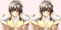 asuka_(senran_kagura) blush breasts brown_hair cum cum_on_body cum_on_breasts cum_on_clothes cum_on_upper_body female hair_ribbon highres kuimono looking_at_viewer male paizuri paizuri_under_clothes penis pov ribbon senran_kagura stereogram straight sweater_vest uncensored