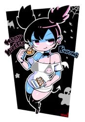 bat_(animal) bikini black_background black_choker black_footwear black_hair bra bracelet character_name choker dress earrings eating female food full_body ghost happy_birthday holding holding_food humanization jewelry kneehighs kuromi minus8 not_porn off-shoulder_dress off_shoulder onegai_my_melody outline pink_eyes print_bra raised_eyebrow sanrio see-through see-through_clothing see-through_dress signature silk skull_print socks solo sphere_earrings spider_web star_(symbol) string_bra tagme takoyaki thighhighs twintails underwear white_outline