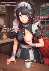 ai-created ai_generated apron bangs black_dress black_hair blush breast_grab breast_milking breast_slip breast_squeeze breasts breasts_out_of_clothes cafe cleavage clothing coffee coffee_mug collar colored_inner_hair covered_erect_nipples cup dress ellen_joe english_language english_text exposed_breasts female frills grabbing_own_breast groping hair_ornament hairclip headdress headwear high_resolution indoors jenneth_blackray lactation leaning_forward lips looking_at_viewer maid maid_apron maid_headdress medium_breasts milk mug multicolored_hair nail_polish nipples no_bra parted_lips puffy_short_sleeves puffy_sleeves red_eyes red_hair red_nails short_hair short_sleeves solo spikes stable_diffusion table teacup text tray two-tone_hair uniform victoria_housekeeping wardrobe_malfunction white_apron window wrist_cuffs zenless_zone_zero