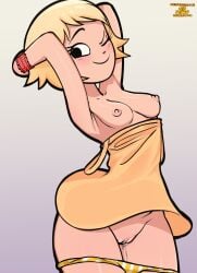 1girls armpits arms_behind_head arms_up black_eyes blonde_hair blush female lisa_miller nude nude_female one_eye_closed panties panties_down partially_clothed scott_pilgrim shaved_pussy short_hair solo solo_female wet wet_pussy wristband zamoshvik