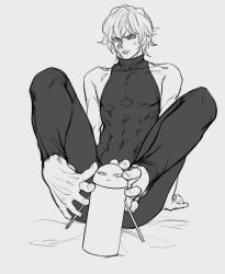 barefoot feet foot_fetish footjob full_body gintama hangleing justaway leggings male male_only monochrome muscular muscular_male oboro_(gintama) phallic_symbol sexually_suggestive simulated_footjob sleeveless_shirt solo sweatdrop tight_clothing turtleneck