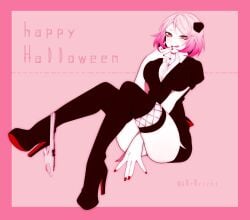 angels_of_death black_jacket blonde_hair breasts catherine_ward d0r0richi happy_halloween heeled_boots licking_lips looking_at_viewer miniskirt no_panties panties_around_one_leg pink_hair red_nail_polish satsuriku_no_tenshi small_hat thighhigh_boots thighhighs thighs two_tone_hair white_shirt