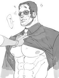 1boy 1other abs admiral big_pecs black_and_white blush blush_lines blushing_male borsalino_(kizaru) confused confused_look confusion dark_hair dilf disembodied_hand facial_hair glove human human_artist japanese_text lifted_by_another lifting_clothing lifting_shirt male male_focus male_nipples male_only marine mature mature_male monochrome muscular muscular_male navel necktie nipples no_ai one_piece pecs shirt_lift short_hair simple_shading sketch solo_focus sunglasses sunglasses_on_face text text_bubble tsai_iii undressing undressing_another undressing_partner