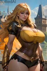 ai_generated big_breasts blonde_hair cleavage hourglass_figure large_breasts rooster_teeth rwby rwby_ice_queendom short_shorts sulliedai thick_thighs toned_female wide_hips yang_xiao_long