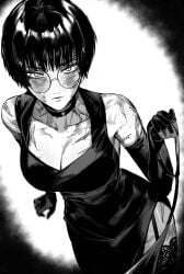 1girls big_breasts boyish breasts burn_marks burn_scar burns busty clothes dress female female_only glasses holding_leash huge_breasts jujutsu_kaisen large_breasts leash masoq095 monochrome mostly_clothed pov revealing_clothes scar scarred scars scars_all_over short_hair shounen_jump tomboy wounded wounds zenin_maki