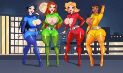 4girls alex_(totally_spies) areola areola_slip areolae bimbo bimbo_body bimbo_lip bimbo_lips bimbofication bimbofied blue_boots bodysuit boots britney_(totally_spies) cleavage cleavage_cutout cleavage_window clover_(totally_spies) eyeshadow female green_boots green_eyeshadow high_heel_boots high_heeled_boots high_heels huge_ass huge_breasts jose12mexico multiple_girls red_boots red_eyeshadow sam_(totally_spies) take_your_pick thick_thighs thigh_boots totally_spies wide_hips yellow_boots yellow_eyeshadow