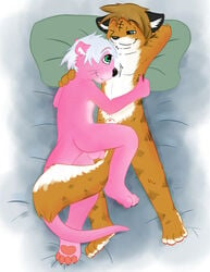 anthro bed canine cuddle feline fur furry gay knox male mustelid otter penis pink tiger wolf wolger