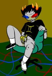 1boy 3d_glasses black_footwear black_hair blush blush_lines blushing bottomless bracelet clothing computer_chair cuntboy cuntboy_sans_balls diphallia diphallism fangs fingering forked_tongue herm hermaphrodite homestuck horns intersex male maleherm masturbation multi_genitalia multi_penis penis pussy pussy_juice sitting sitting_on_chair sollux_captor solo solo_male strilalonder strilonder tagme teeth tentabulge tentacle_penis tongue tongue_out touching_penis unusual_anatomy unusual_penis white_footwear white_shirt yellow_background yellow_penis