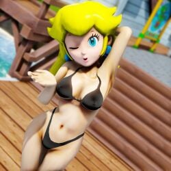 1girls 3d arm_behind_head armpits big_breasts bikini black_bikini blonde_hair blowing_kiss breasts brown_hair busty cleavage female female_only hi_res large_breasts legs lipstick long_hair looking_at_viewer mario_(series) navel nintendo one_eye_closed open_mouth pink_lipstick pose posing princess princess_peach puckered_lips selfie sensual sexy sexy_pose short_hair sideboob solo thighs thong_bikini toned virtualblueam2 voluptuous