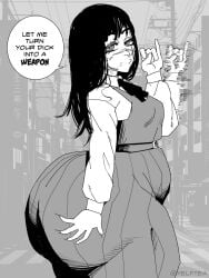 1girls ass bottom_heavy chainsaw_man clothing demon demon_girl dialogue fellatio_gesture female female_only fully_clothed gigantic_ass huge_ass monochrome standing talking_to_viewer text yelftea yoru_(chainsaw_man)