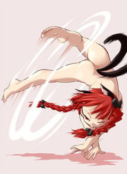 1girls animal_ears ass barefoot bow braid breasts capoeira cartwheel cat_ears cat_tail colored feet female hairbow hamahara_yoshio hamasan handstand highres multi_ear multi_tail nipples nude pussy red_eyes red_hair rin_kaenbyou simple_background soles solo spinning tail takura_mahiro tied_hair toes touhou twin_braids twintails uncensored windmilling wink