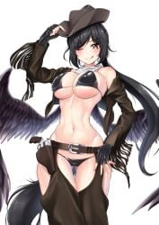 absurdres armwear bare_shoulders bikini black_bikini black_gloves black_hair black_wings blush breasts brown_headwear brown_jacket clothing cowboy_shot crop_top cropped_jacket female fingerless_gloves firearm gloves gluteal_fold gun handgun headwear highres horse_girl horse_tail human jacket kurokoma_saki large_breasts legwear leo23 long_hair long_sleeves looking_at_viewer low_ponytail navel open_clothes pale_skin pegasus_wings revolver ribs saki_kurokoma scarf smile solo swimsuit tail tongue tongue_out touhou very_long_hair weapon white_background white_scarf wings