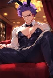 1boy ai_generated big_pecs bunny_boy bunny_ears bunnysuit cleavage gay haruartx hitoshi_shinso male_focus male_only muscular_male my_hero_academia pecs pectoral_cleavage pectorals purple_hair shinsou_hitoshi solo_male tight_clothing yaoi