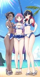 3girls adjusting_eyewear amarys_(pokemon) beach bikini black_hair blue_bikini blue_sky blush braid breasts carmine_(pokemon) cleavage closed_mouth cloud colored_inner_hair crossed_bangs dark-skinned_female dark_skin day eyelashes frilled_bikini frills full_body glasses green_eyes hair_between_eyes hair_ornament hairband hairclip lacey_(pokemon) large_breasts light-skinned_female long_hair looking_at_viewer medium_breasts mole mole_under_eye multicolored_hair multiple_girls navel nintendo ocean open_mouth outdoors pink_hair pokemon pokemon_sv pokemon_sv_indigo_disk red_hair sand sandals semi-rimless_eyewear short_hair single_braid sky smile stomach sunlight swimsuit taller_female taller_girl tm_(hanamakisan) two-tone_hair white_bikini yellow_eyes yellow_hairband